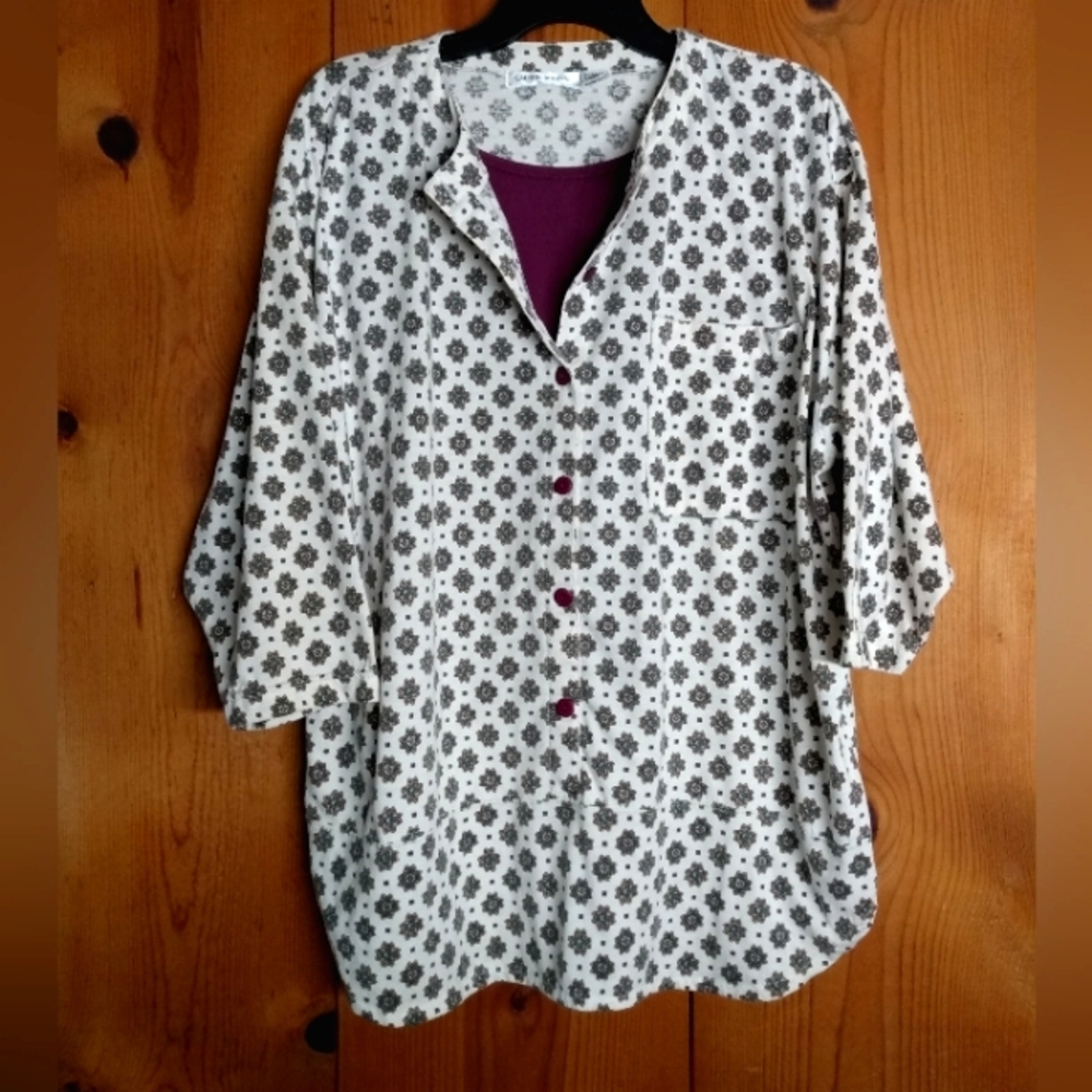 Lauren Brooke Floral Knit Button-Up Top w/ Mock Undershirt and Half Sleeves